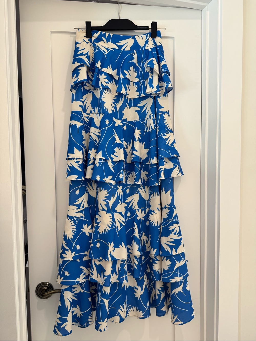 “Chicways” blue and white floral tiered maxi skirt
